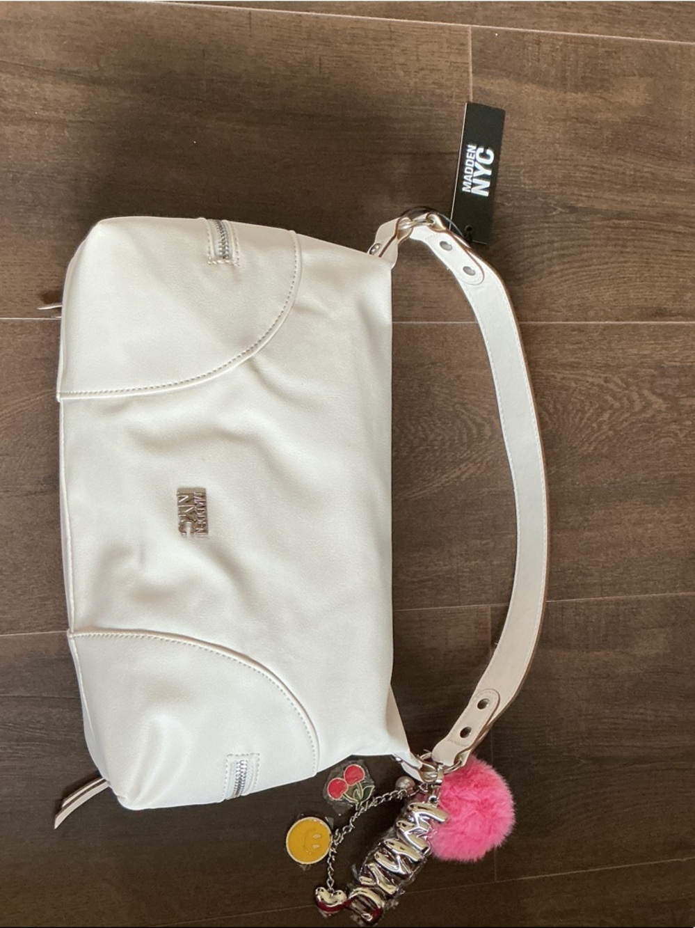 Madden NYC Cream Shoulder Bag with Playful Charm